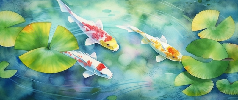 手绘水彩池塘里锦鲤金鱼卡通插画背景,插画/手绘图,插画/手绘图库,插画/手绘图下载,插画/手绘